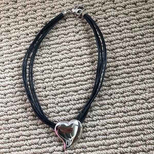 Black Leather Cord Choker with Silver Heart Slide